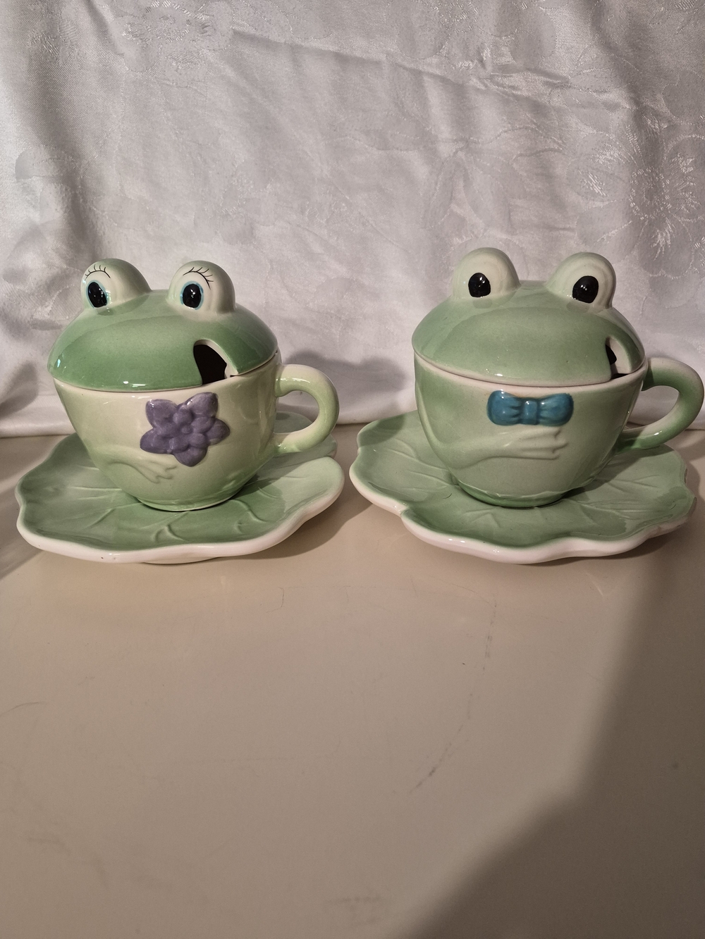 Vintage WMG Green Frog Ceramic Mugs with Leaf Saucers - Set of 2 Girl And Boy
